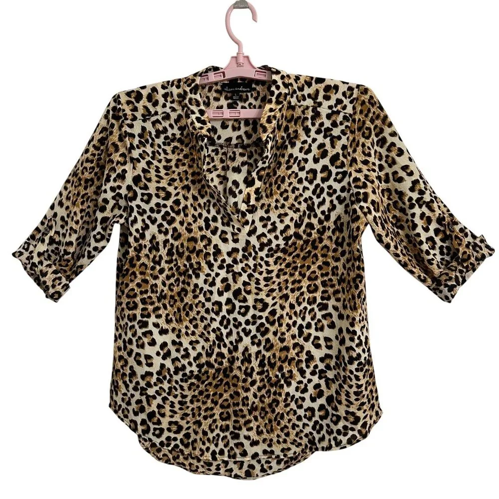 Alison Andrews Womens Leopard Print Roll Tab Sleeve Blouse L Mob Wife Career - Picture 2 of 9